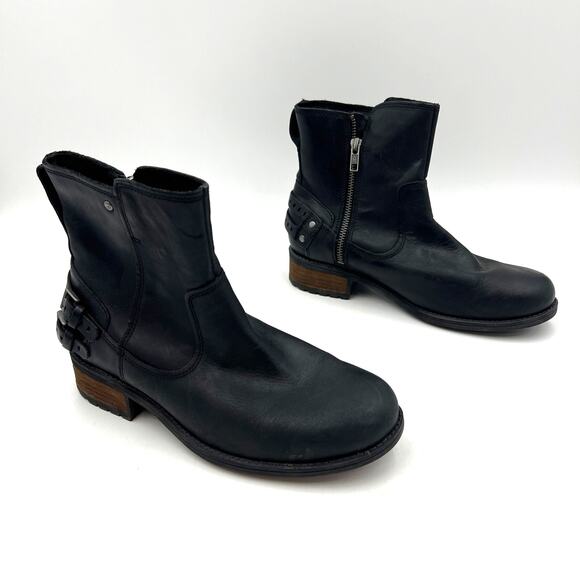 Ugg Australia Orion Biker Boots Black Leather Booties - Picture 1 of 8